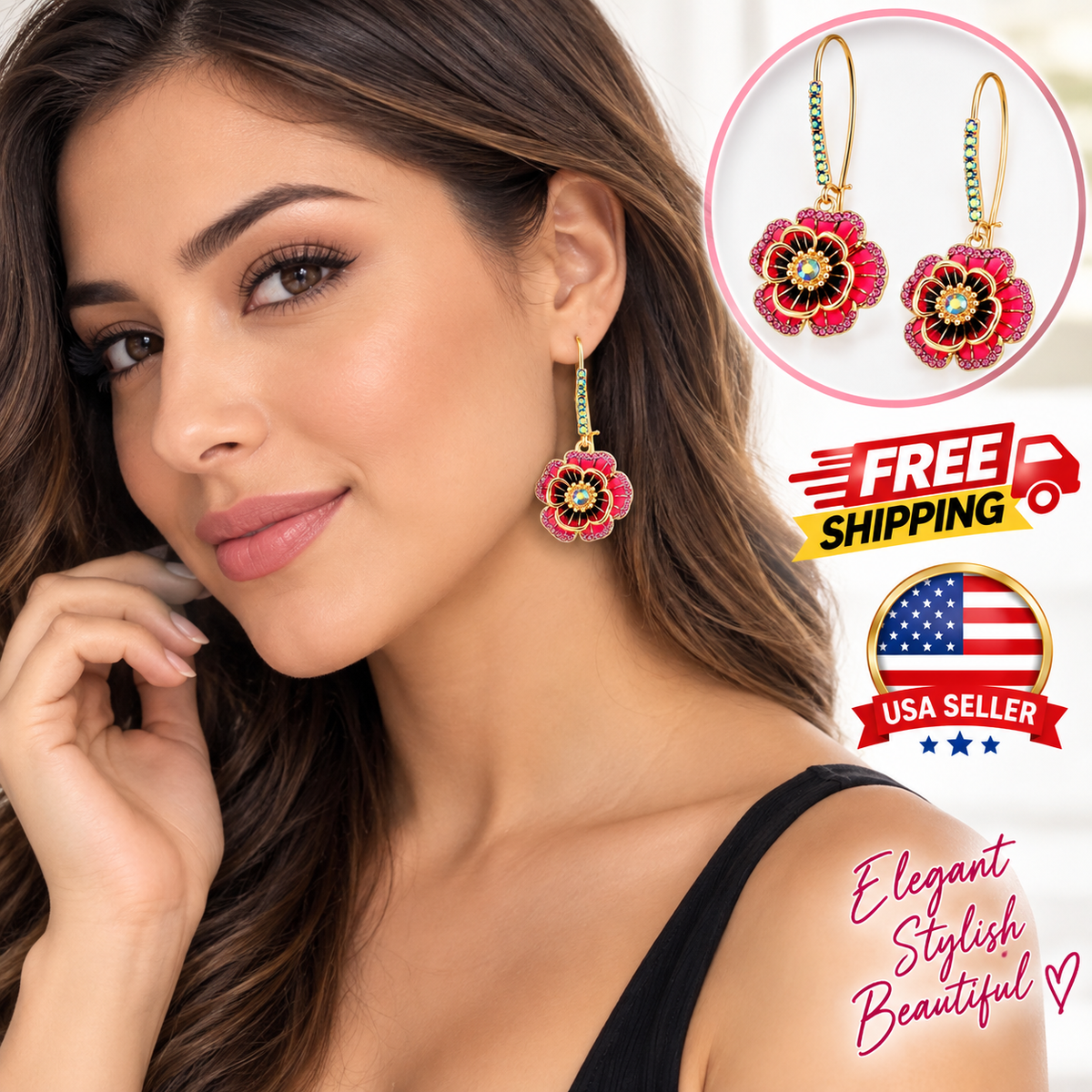 Rose Flower Dangle Earrings for Women Pink Gold Tone Floral Drop Jewelry