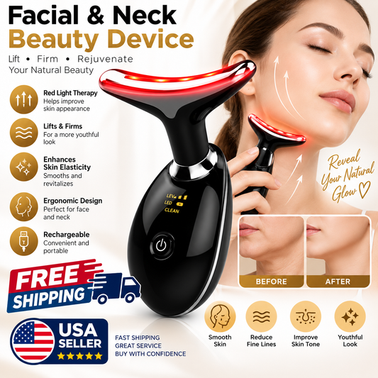 7-in-1 Face & Neck Massager – Electric Facial Massager with Red Light Therapy, Skin Care & Lifting Tool, Rechargeable, Glossy Black