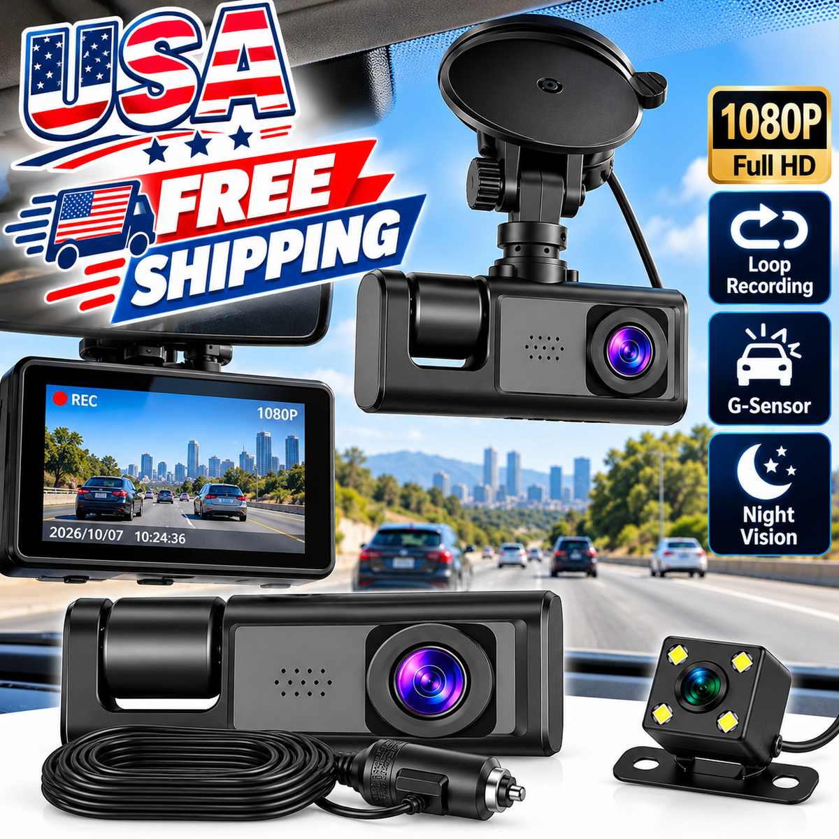 Smart 3-Channel Dash Cam 1080P – Triple Lens Car Camera, Front & Rear View, Traffic Recorder with Night Vision