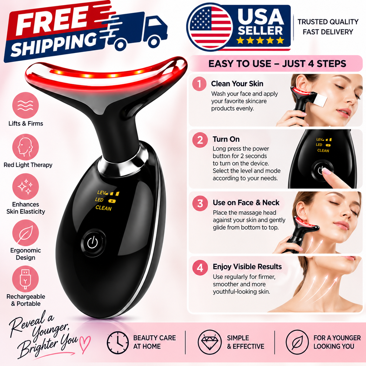 7-in-1 Face & Neck Massager – Electric Facial Massager with Red Light Therapy, Skin Care & Lifting Tool, Rechargeable, Glossy Black