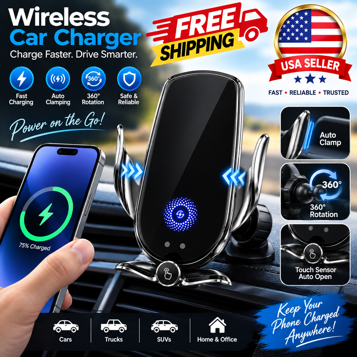 15W Fast Charging Wireless Car Charger Mount – Automatic Phone Holder 360° Rotation