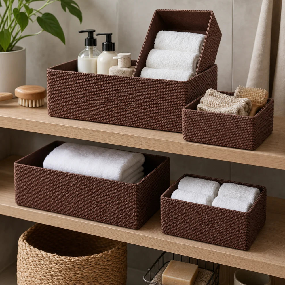 Woven Storage Baskets Set of 4 – Recycled Paper Rope Baskets for Shelves, Drawers, Cabinets & Home Organization