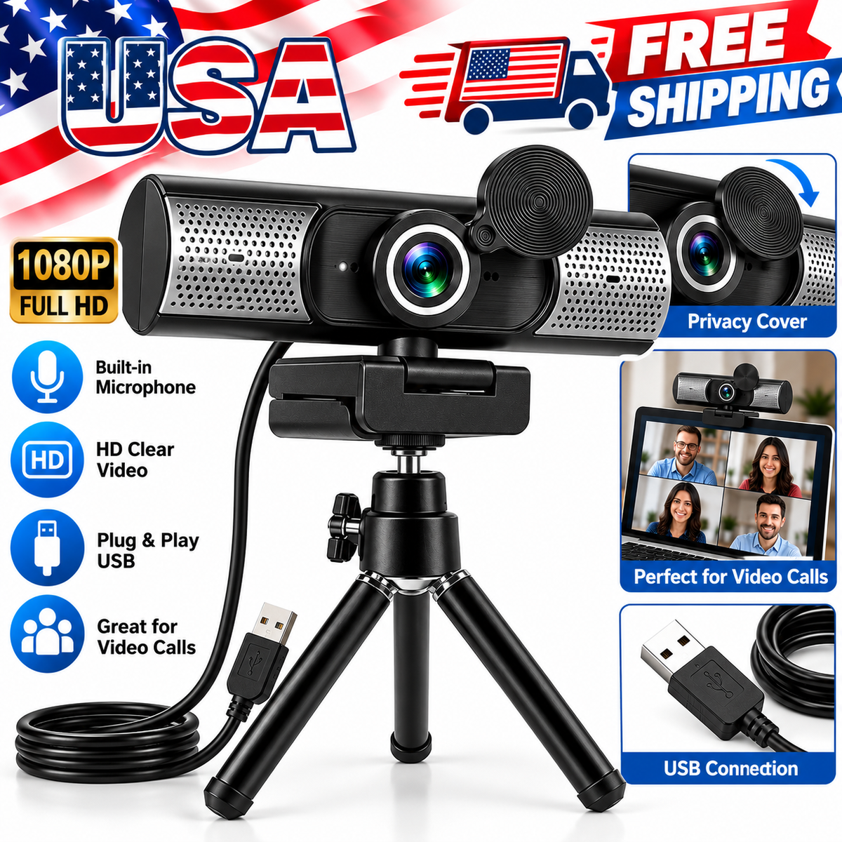 1080P Full HD USB Webcam with Built-in Microphone & Speakers – HD Camera for Video Calls, Online Meetings & Streaming
