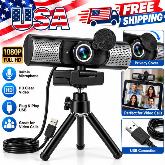 1080P Full HD USB Webcam with Built-in Microphone & Speakers – HD Camera for Video Calls, Online Meetings & Streaming