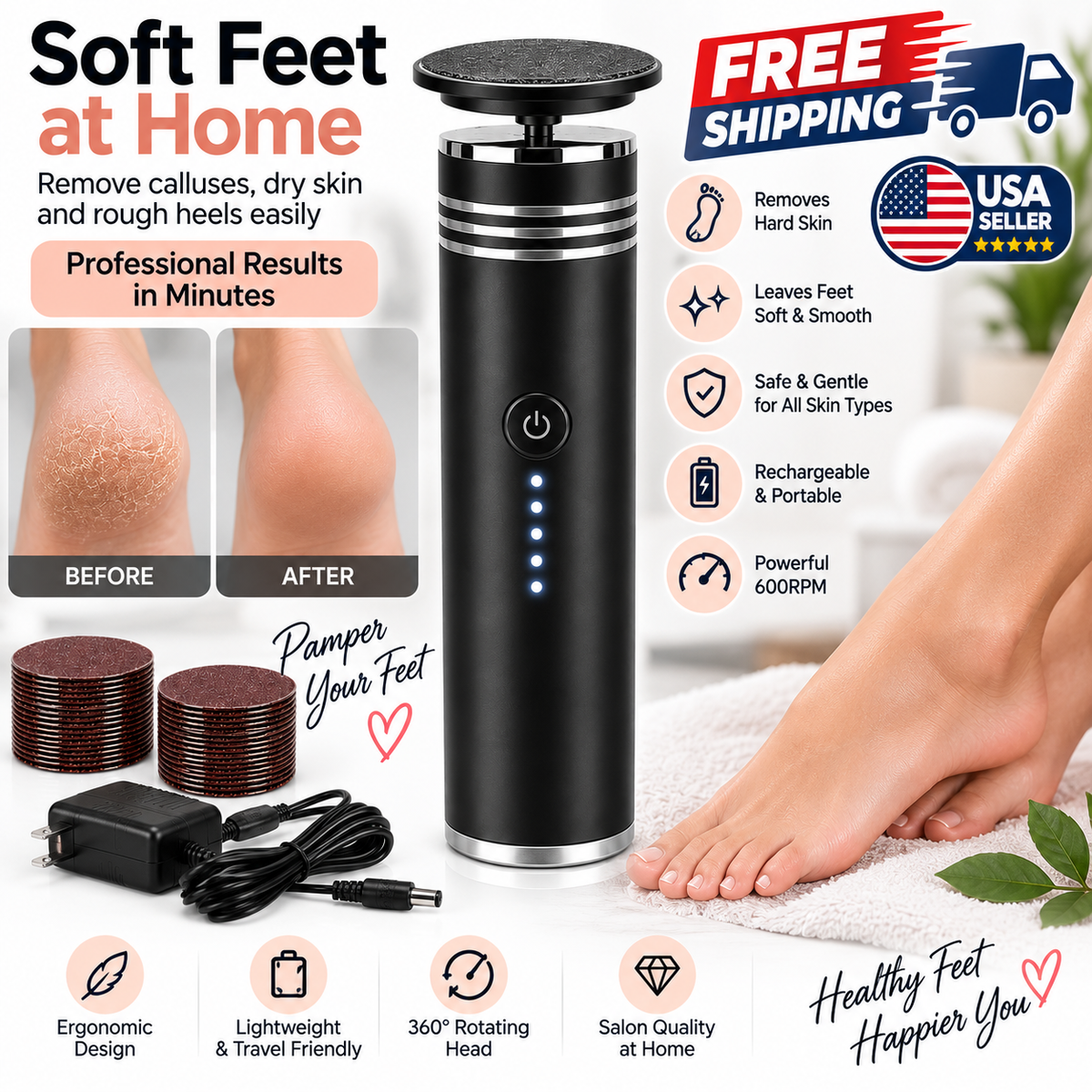 Feet, Rechargeable Callus Remover with Replacement Discs – Black