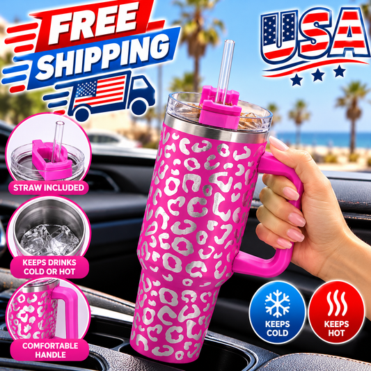 40 oz Insulated Tumbler with Handle & Straw – Leak-Proof Travel Mug, Stainless Steel Cup, Lavender Rose Leopard