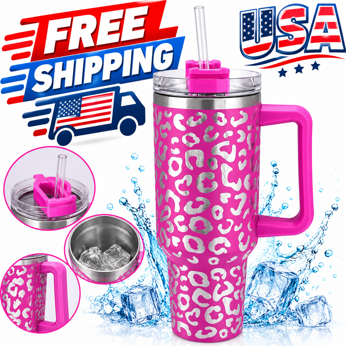 40 oz Insulated Tumbler with Handle & Straw – Leak-Proof Travel Mug, Stainless Steel Cup, Lavender Rose Leopard