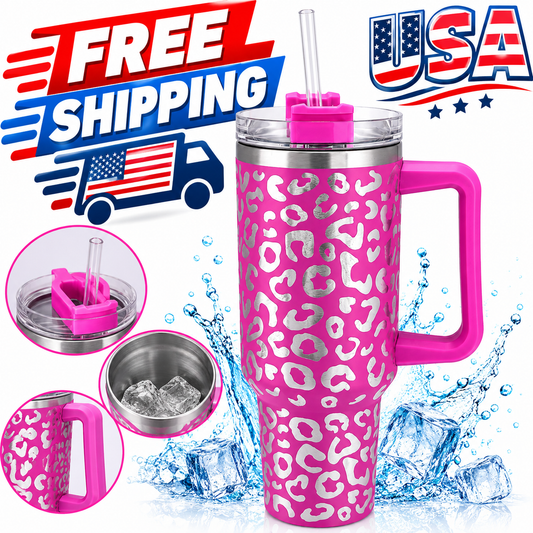 40 oz Insulated Tumbler with Handle & Straw – Leak-Proof Travel Mug, Stainless Steel Cup, Lavender Rose Leopard