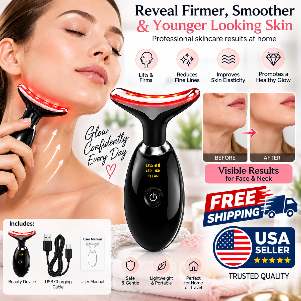 7-in-1 Face & Neck Massager – Electric Facial Massager with Red Light Therapy, Skin Care & Lifting Tool, Rechargeable, Glossy Black