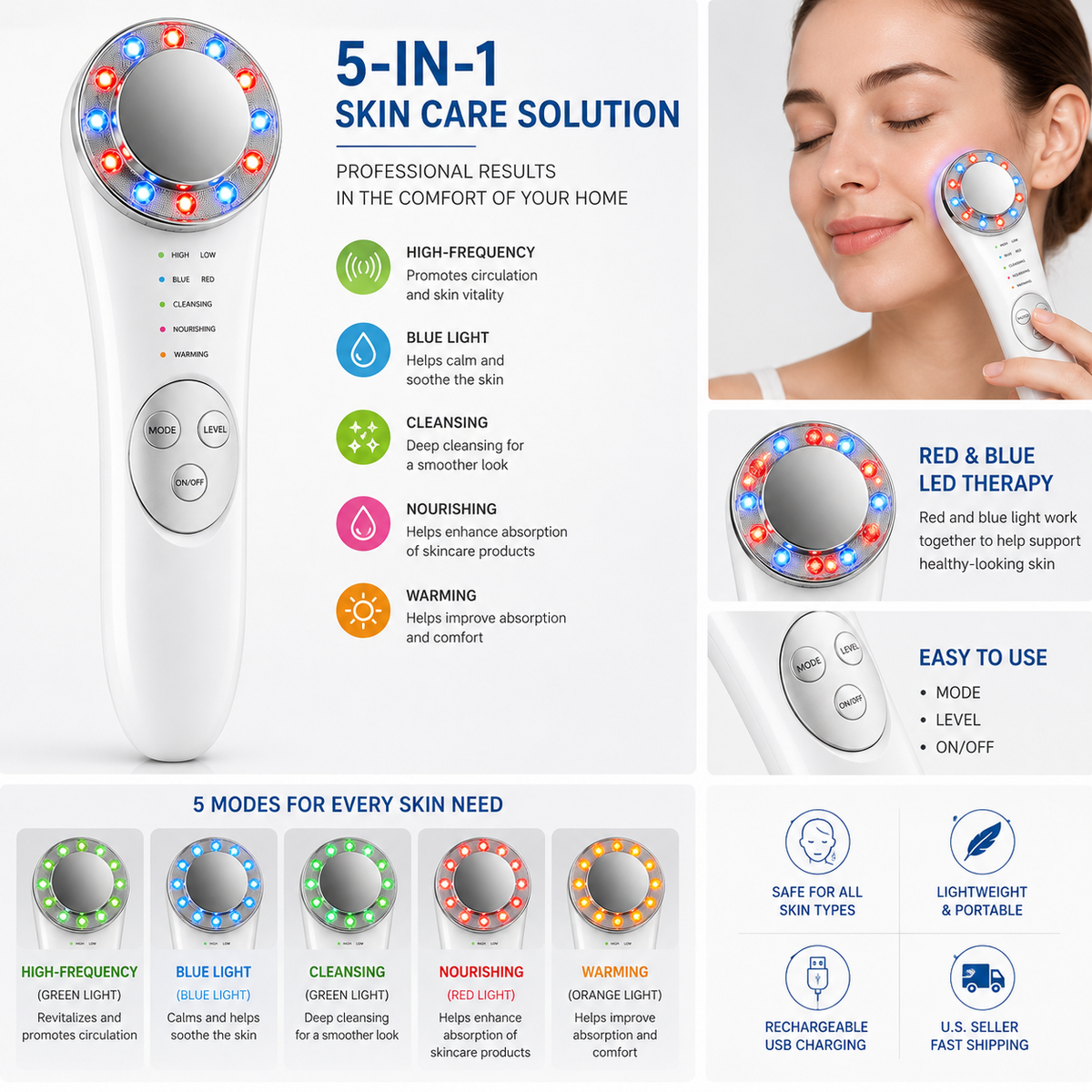 Microcurrent Facial Device 5-in-1 Face Massager for Skin Tightening & Lifting – Facial Care Tool