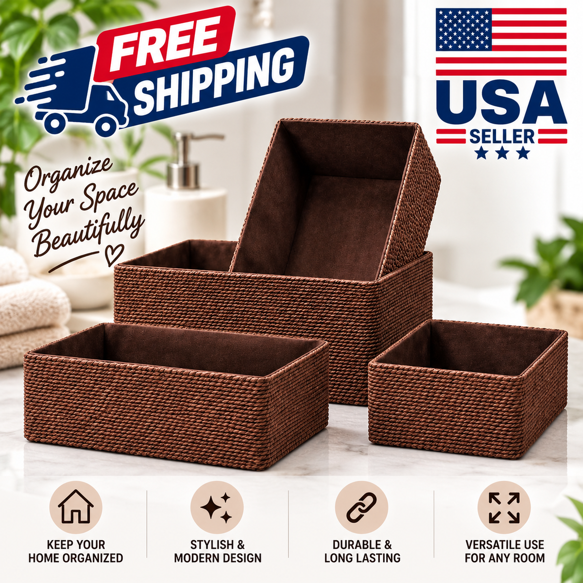 Woven Storage Baskets Set of 4 – Recycled Paper Rope Baskets for Shelves, Drawers, Cabinets & Home Organization