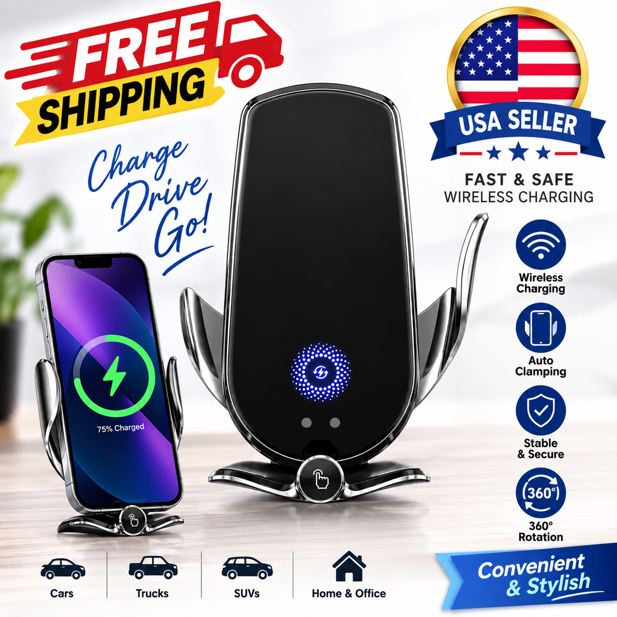 15W Fast Charging Wireless Car Charger Mount – Automatic Phone Holder 360° Rotation