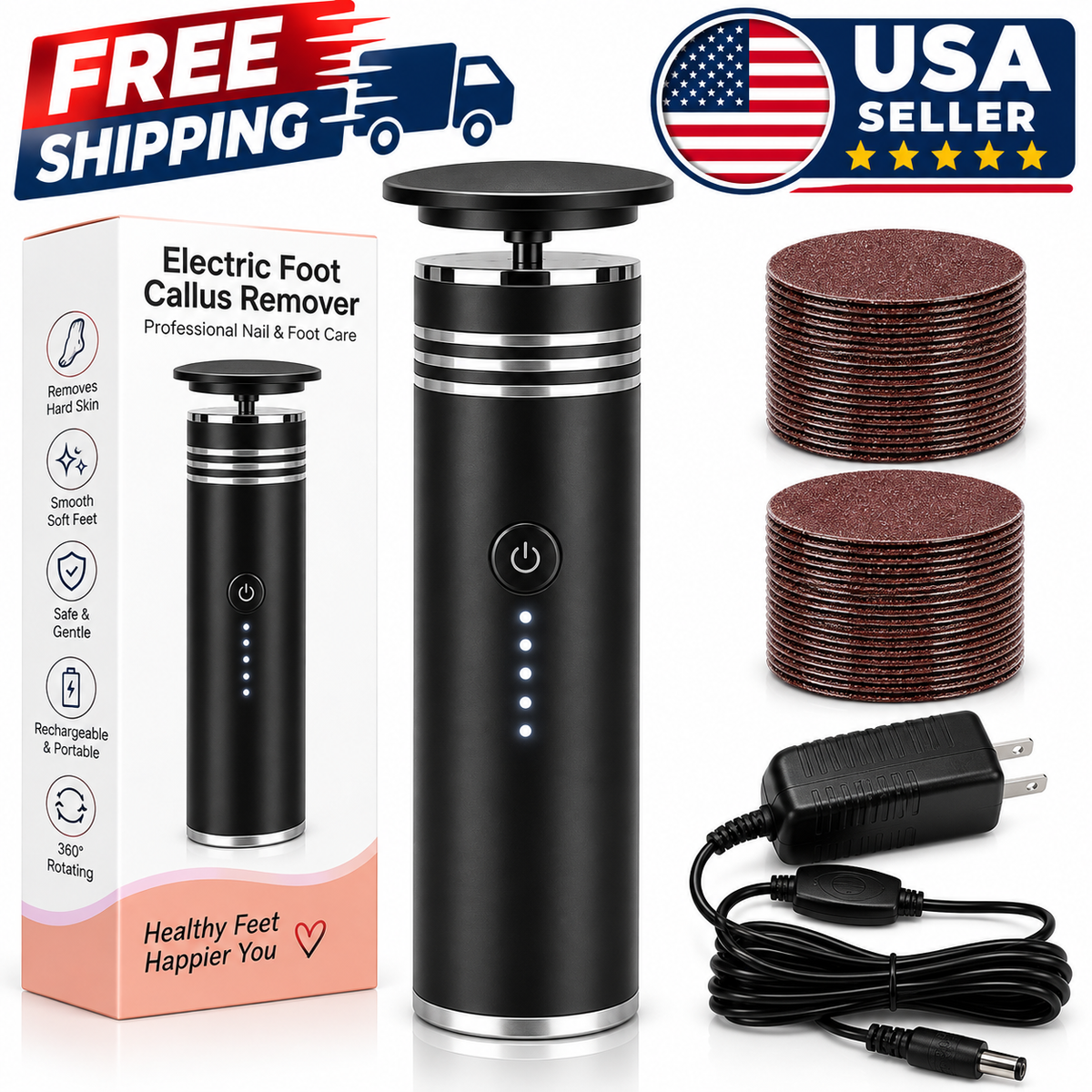 Feet, Rechargeable Callus Remover with Replacement Discs – Black