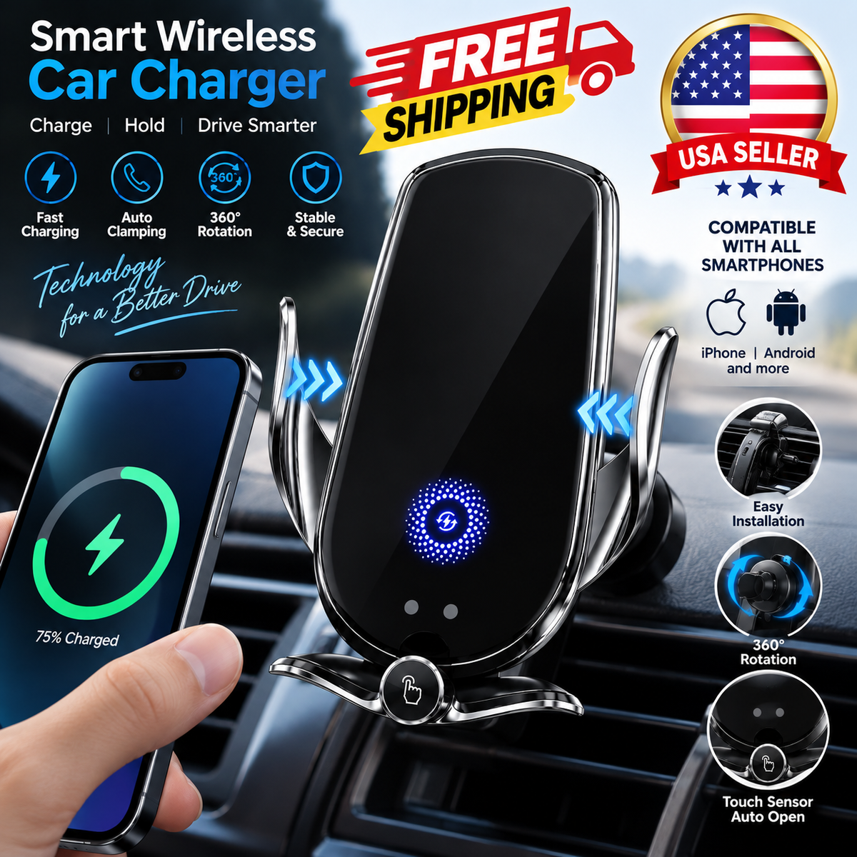 15W Fast Charging Wireless Car Charger Mount – Automatic Phone Holder 360° Rotation