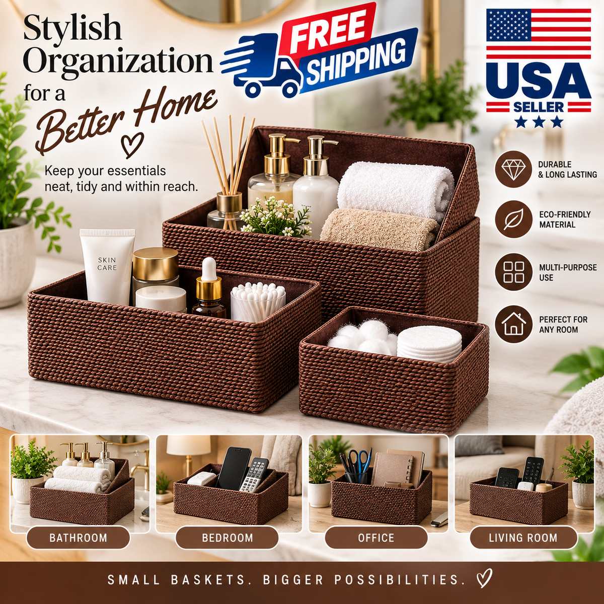 Woven Storage Baskets Set of 4 – Recycled Paper Rope Baskets for Shelves, Drawers, Cabinets & Home Organization