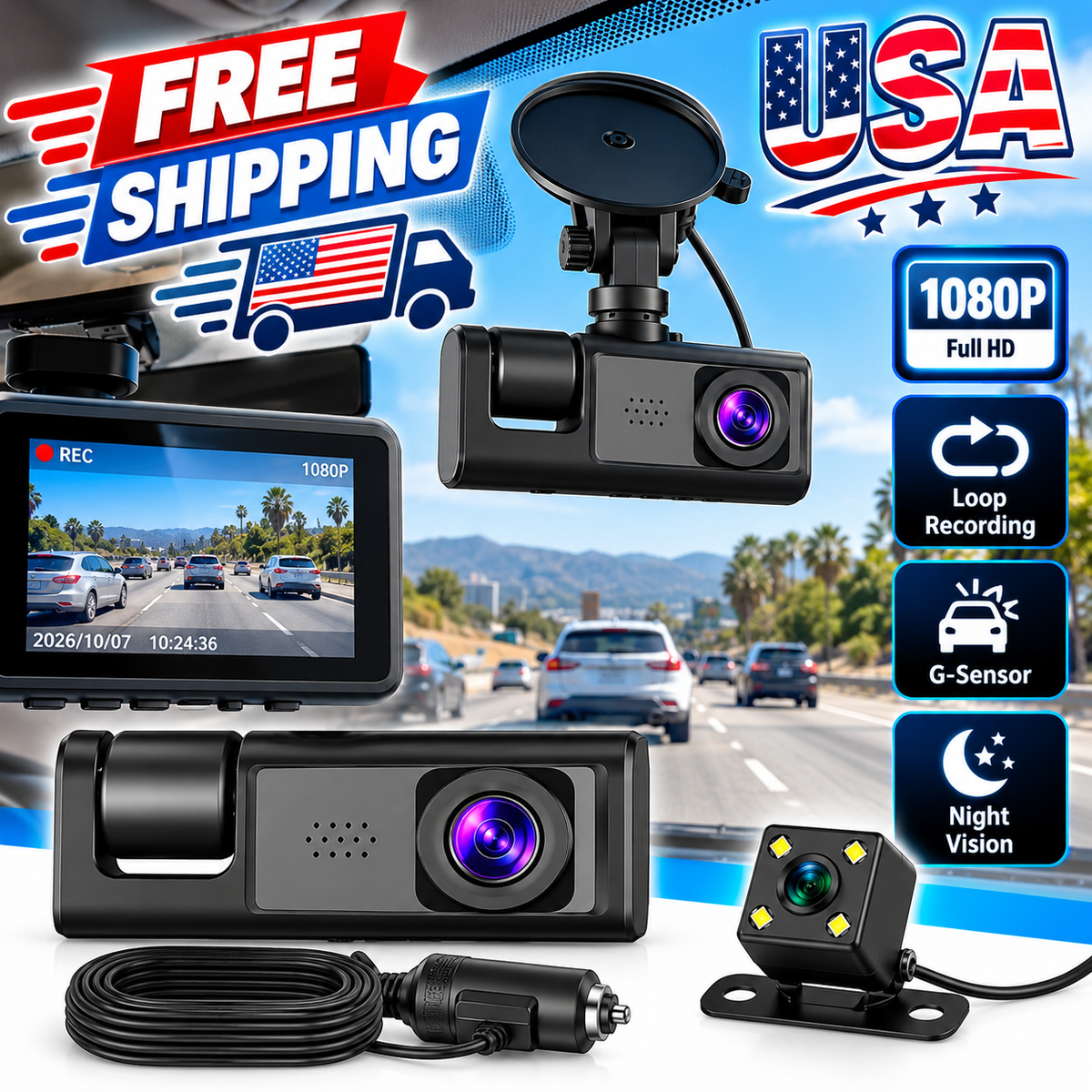 Smart 3-Channel Dash Cam 1080P – Triple Lens Car Camera, Front & Rear View, Traffic Recorder with Night Vision