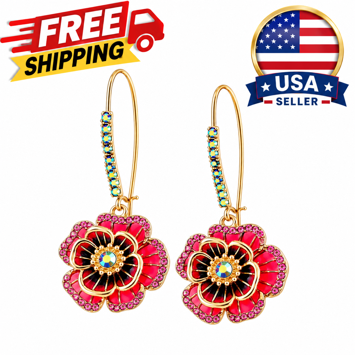 Rose Flower Dangle Earrings for Women Pink Gold Tone Floral Drop Jewelry