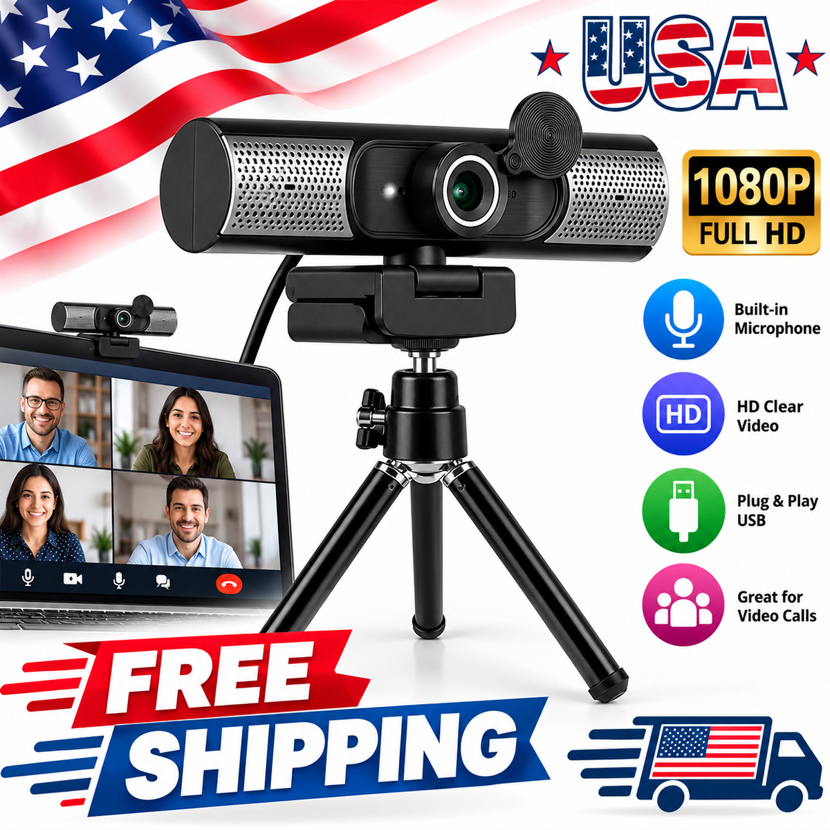 1080P Full HD USB Webcam with Built-in Microphone & Speakers – HD Camera for Video Calls, Online Meetings & Streaming