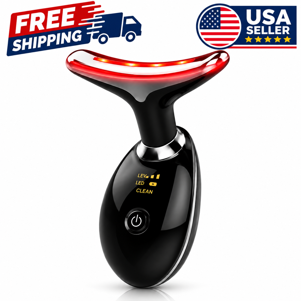 7-in-1 Face & Neck Massager – Electric Facial Massager with Red Light Therapy, Skin Care & Lifting Tool, Rechargeable, Glossy Black