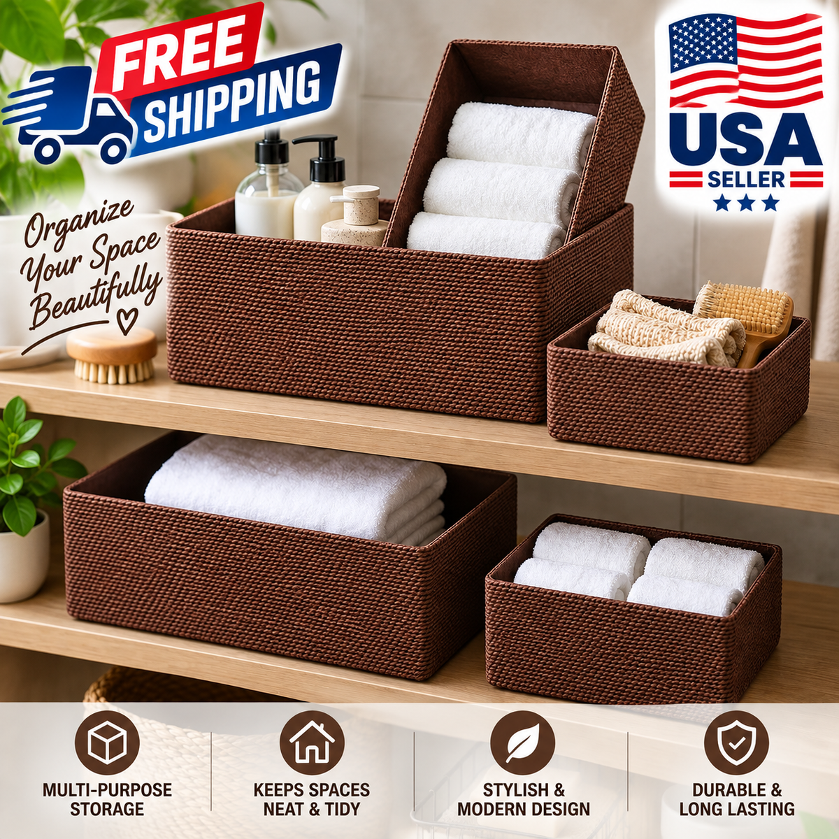 Woven Storage Baskets Set of 4 – Recycled Paper Rope Baskets for Shelves, Drawers, Cabinets & Home Organization