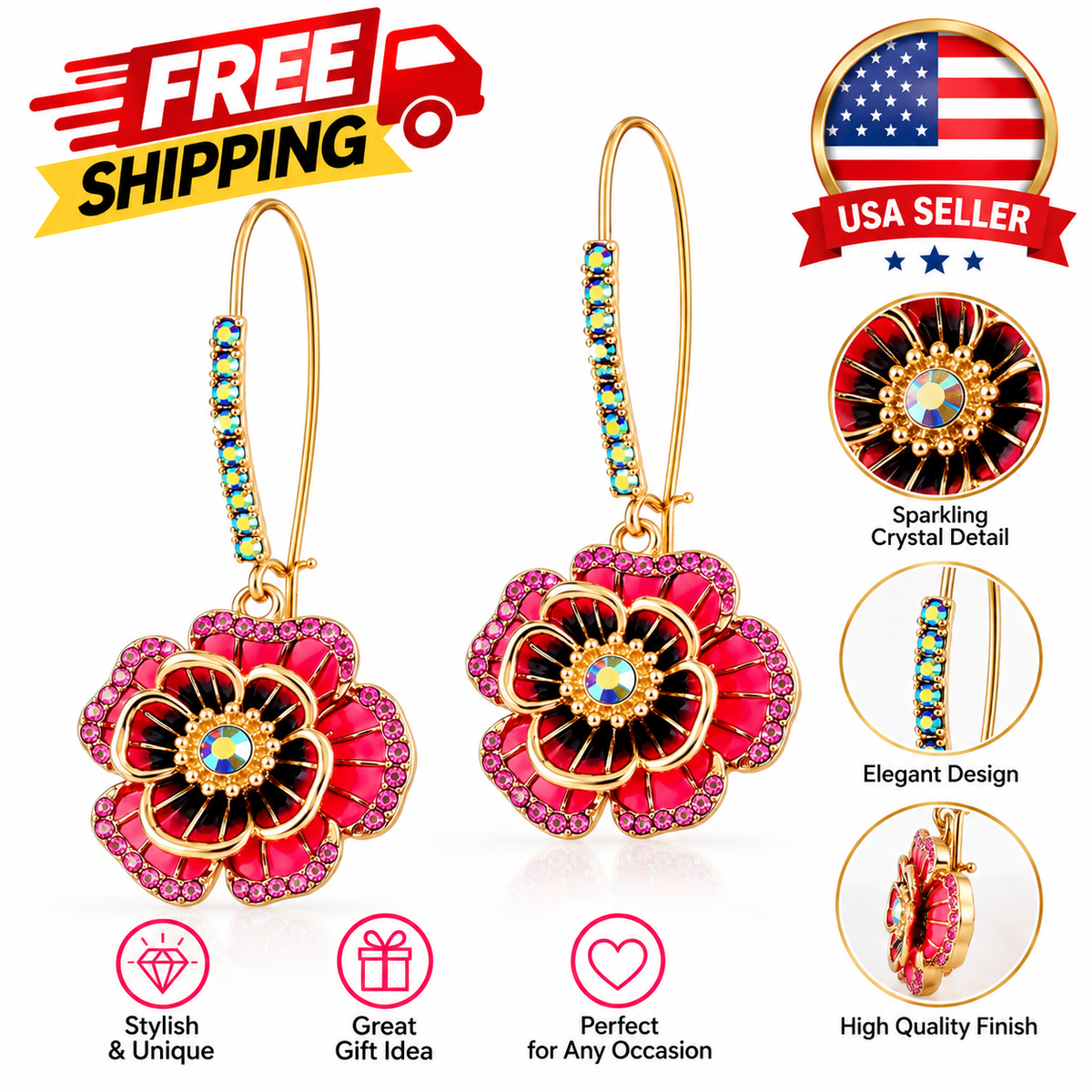 Rose Flower Dangle Earrings for Women Pink Gold Tone Floral Drop Jewelry