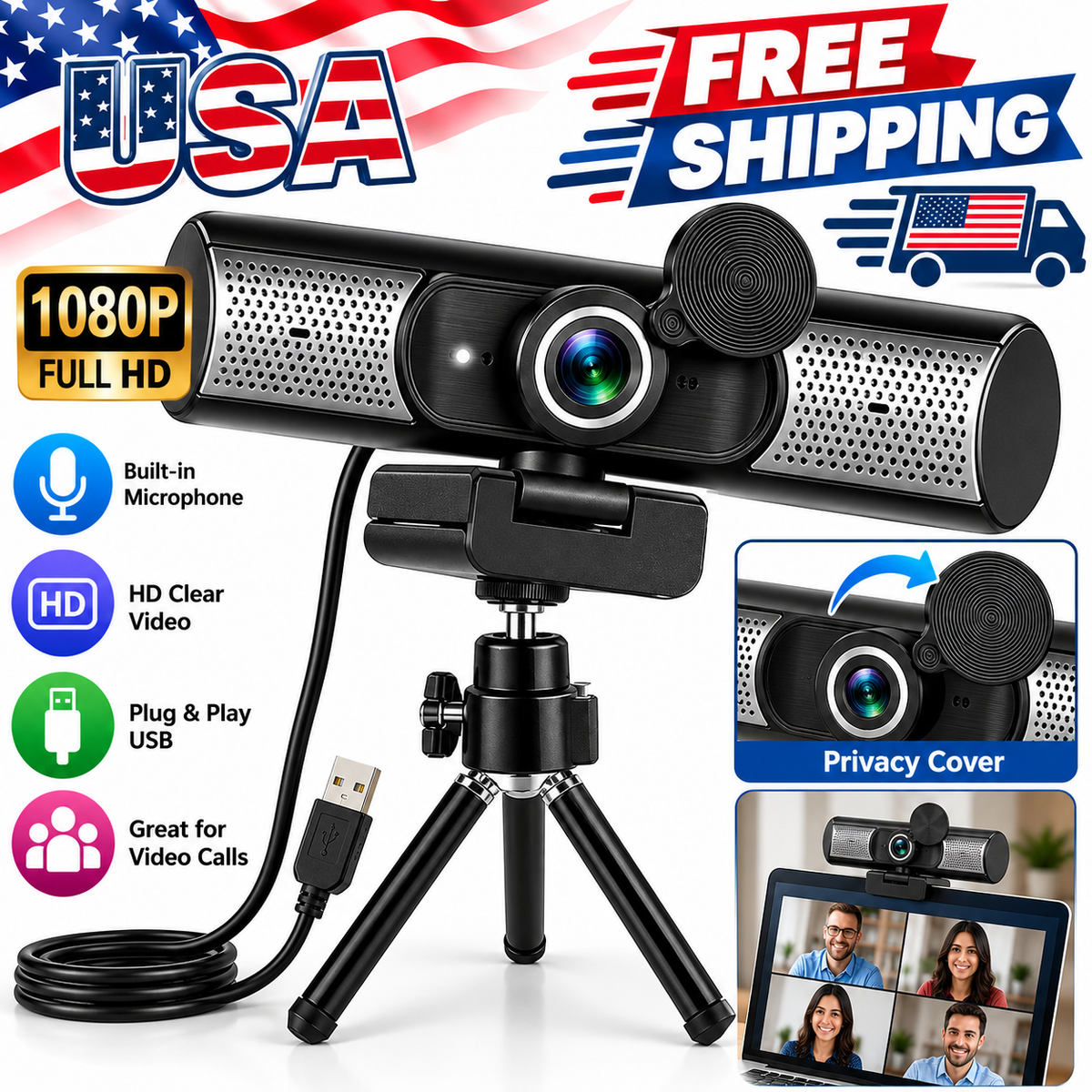 1080P Full HD USB Webcam with Built-in Microphone & Speakers – HD Camera for Video Calls, Online Meetings & Streaming