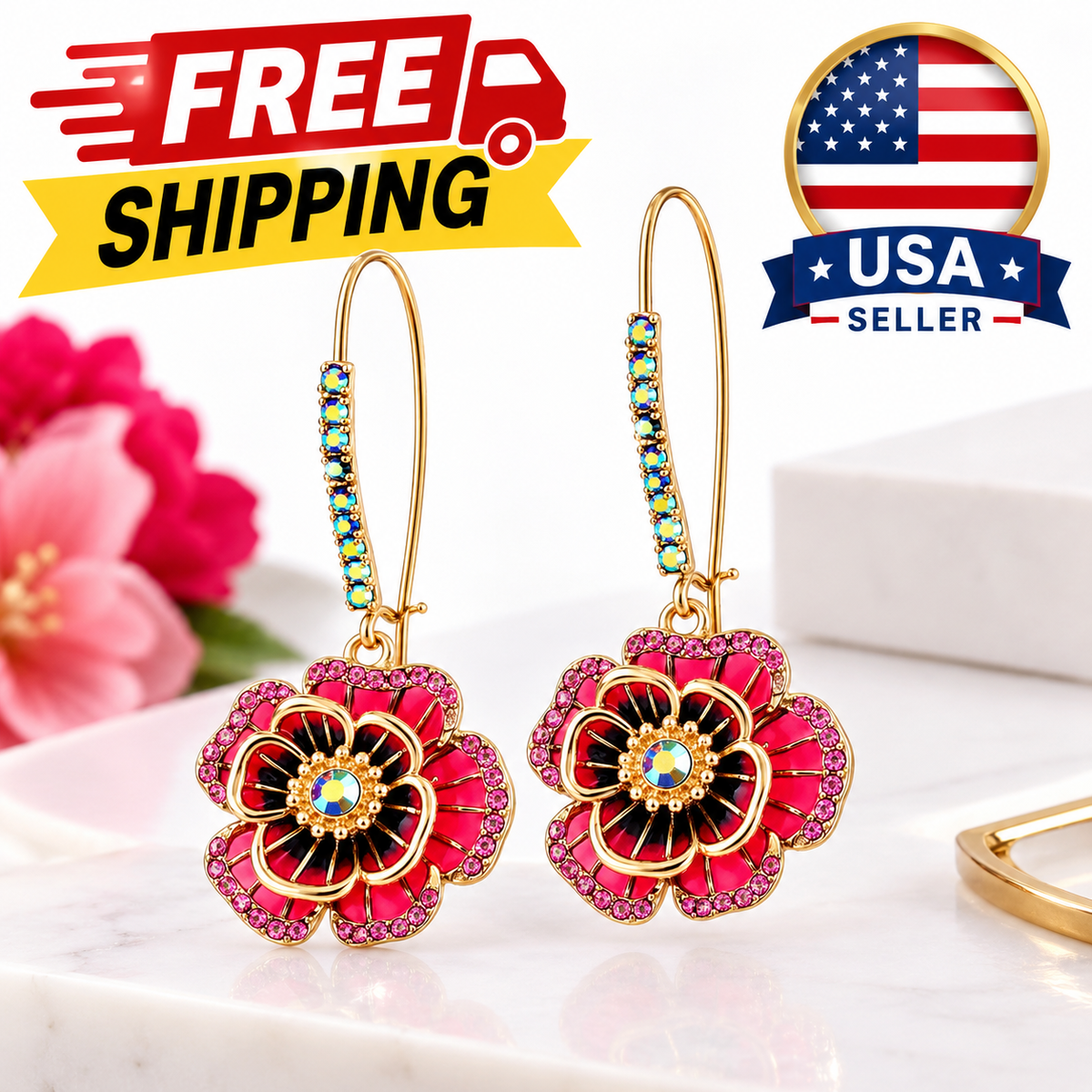 Rose Flower Dangle Earrings for Women Pink Gold Tone Floral Drop Jewelry