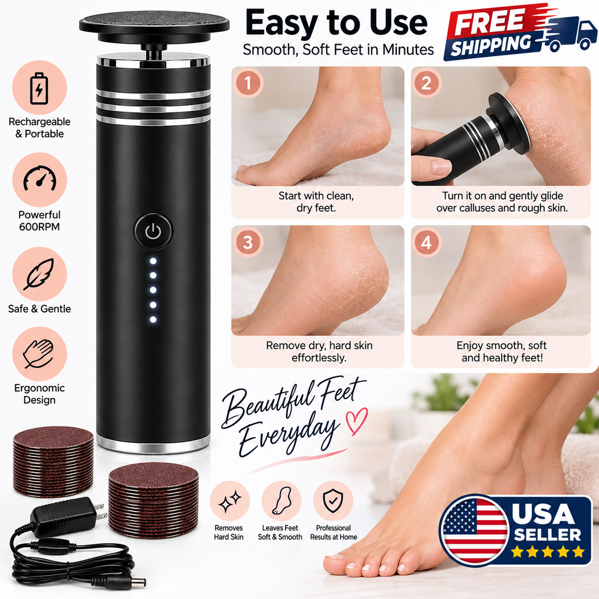 Feet, Rechargeable Callus Remover with Replacement Discs – Black