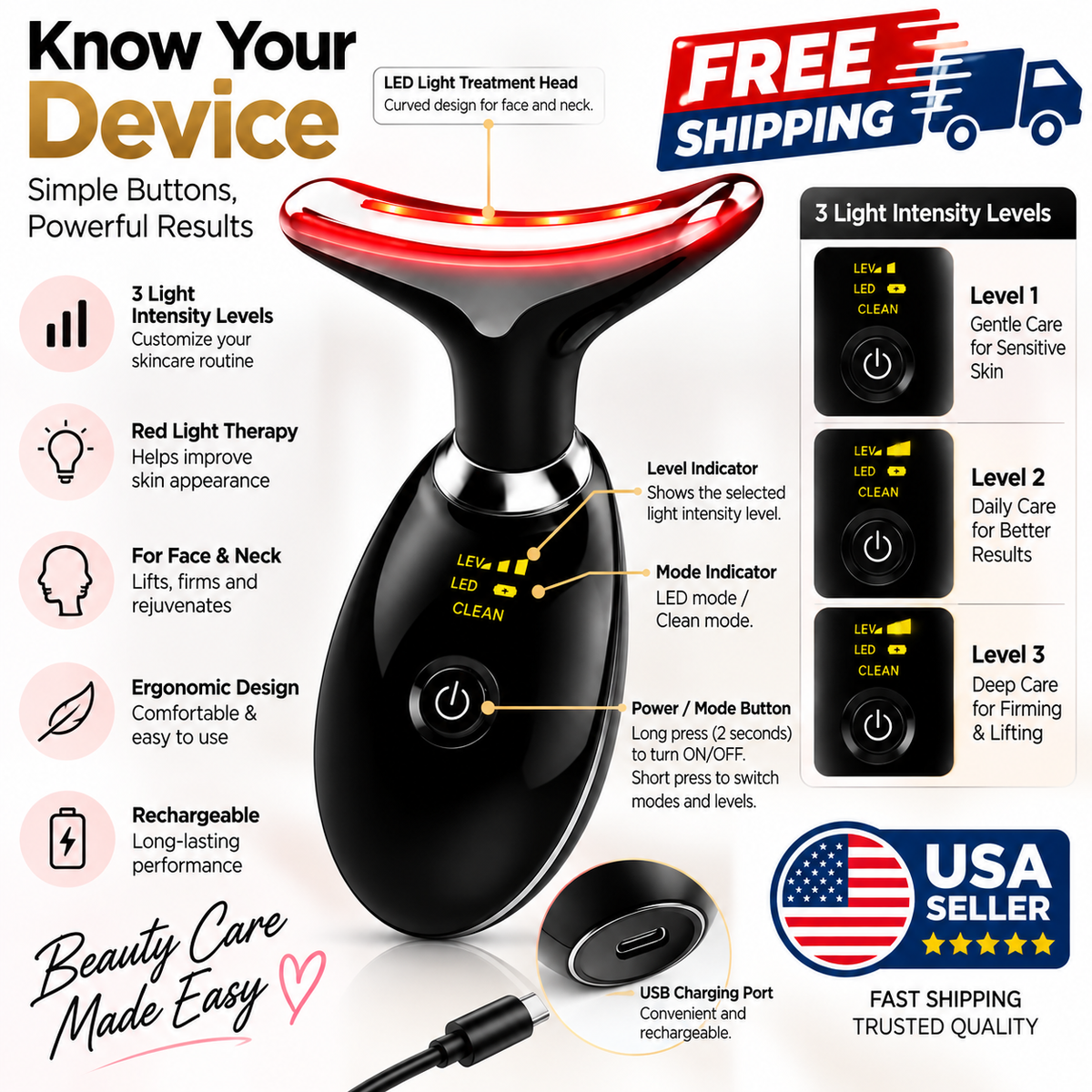 7-in-1 Face & Neck Massager – Electric Facial Massager with Red Light Therapy, Skin Care & Lifting Tool, Rechargeable, Glossy Black