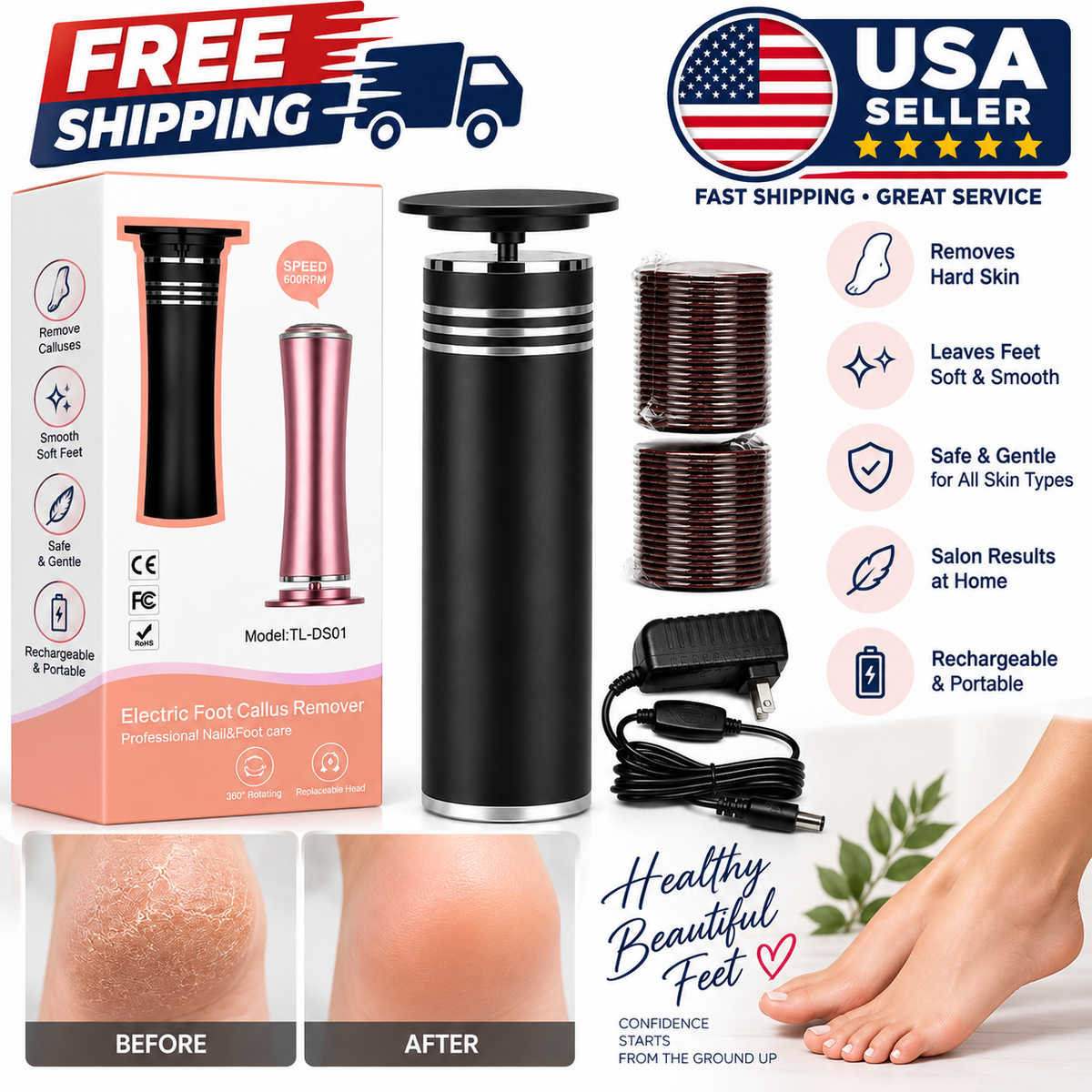Feet, Rechargeable Callus Remover with Replacement Discs – Black