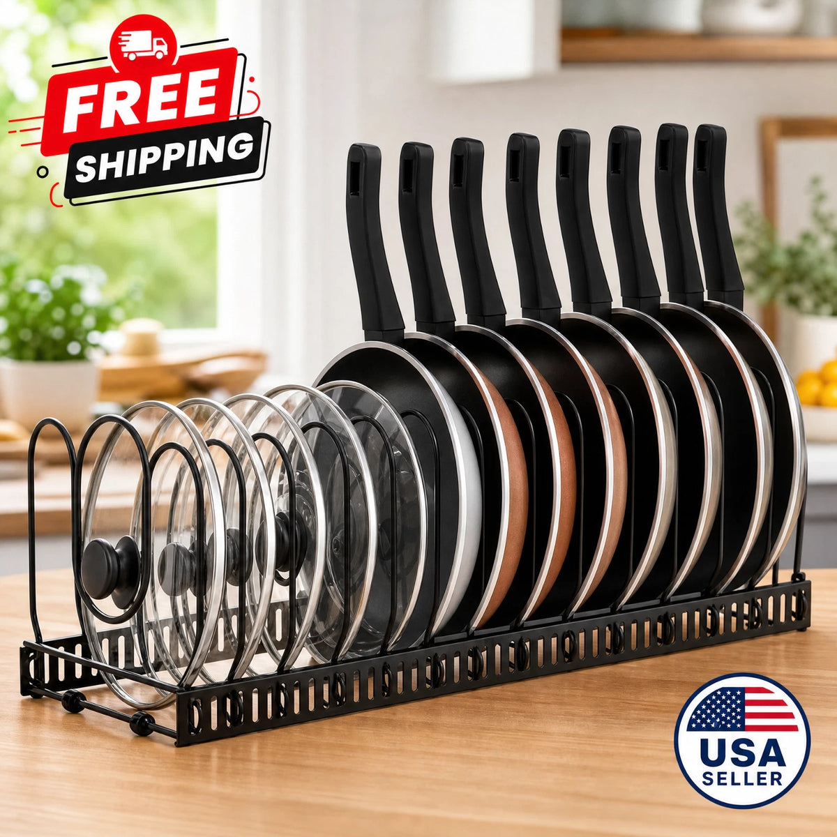 Pot and Pan Organizer Rack for Cabinet – Cookware Storage Rack for Pots, Pans & Lids, Black