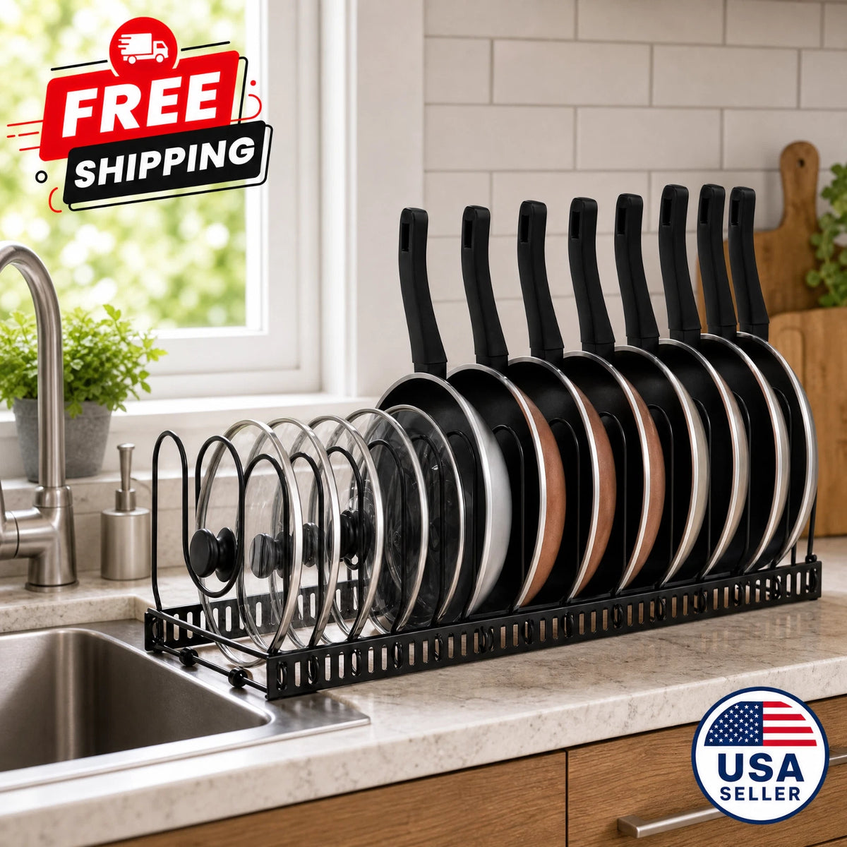 Pot and Pan Organizer Rack for Cabinet – Cookware Storage Rack for Pots, Pans & Lids, Black
