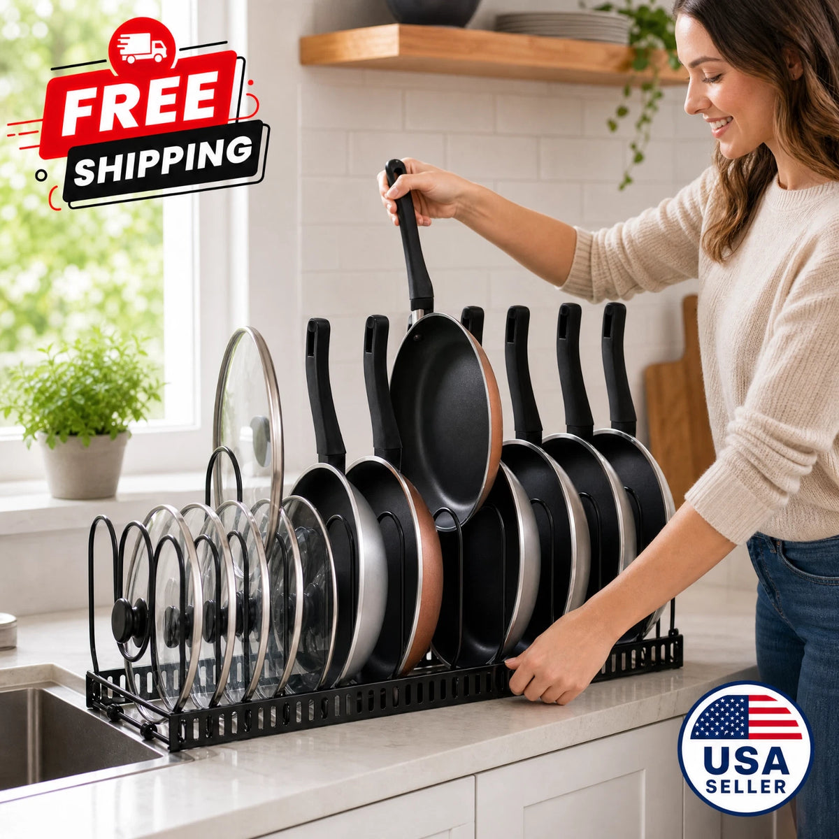Pot and Pan Organizer Rack for Cabinet – Cookware Storage Rack for Pots, Pans & Lids, Black