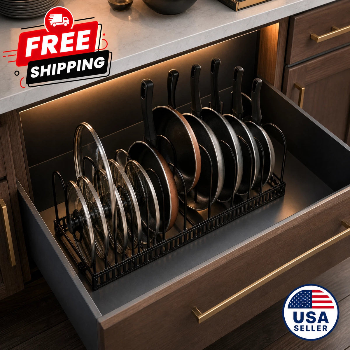 Pot and Pan Organizer Rack for Cabinet – Cookware Storage Rack for Pots, Pans & Lids, Black